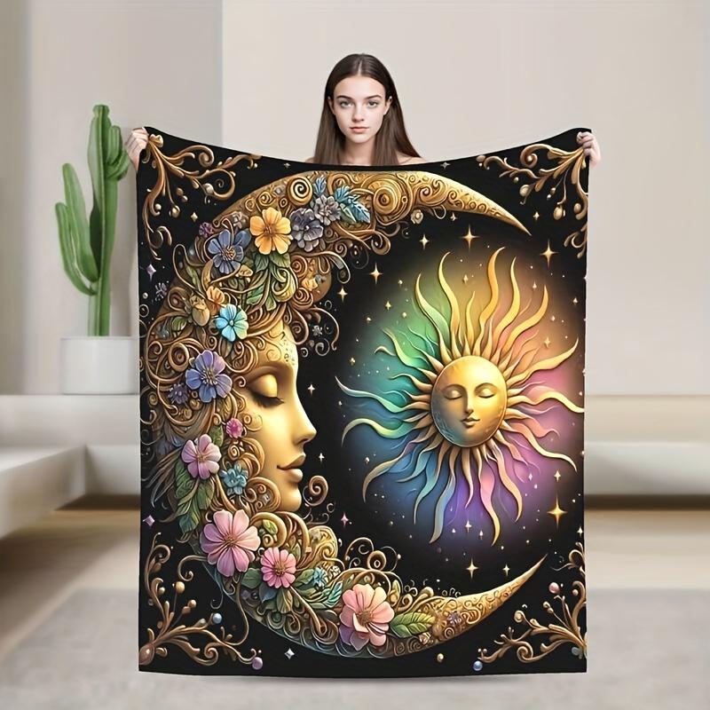 Мечтательная Звездная Гармония Плед Многоцелевой Легкий Фланель для ДиванаКроватиПутешествийОфиса Бохо СтильПечать Солнце и ЛунаВсе Сезоны