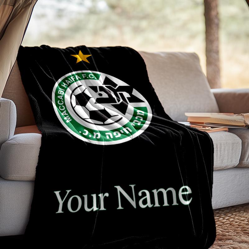 Custom Name Maccabi Football Crest Throw Blanket - Perfect for Couch, Bed, Office, and outdoor Travel - Ideal Gift for Christmas & Holidays