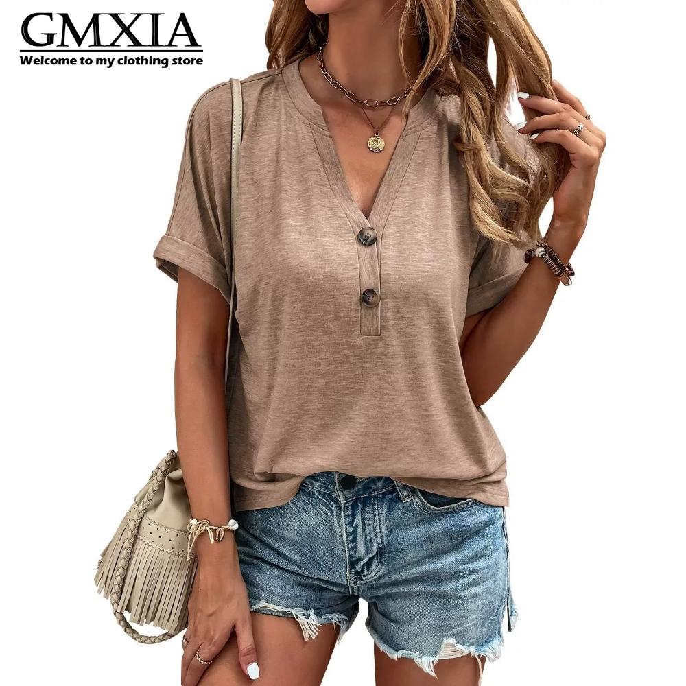 GMXIA Women's Fashion Casual Solid Color Print Short Sleeve V Neck Leisure Blouses & Shirts