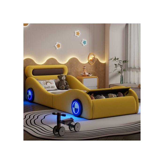 Мягкая кровать для детей - MUVOE - 90x200см - Желтый - Светящиеся колеса - Место для хранения