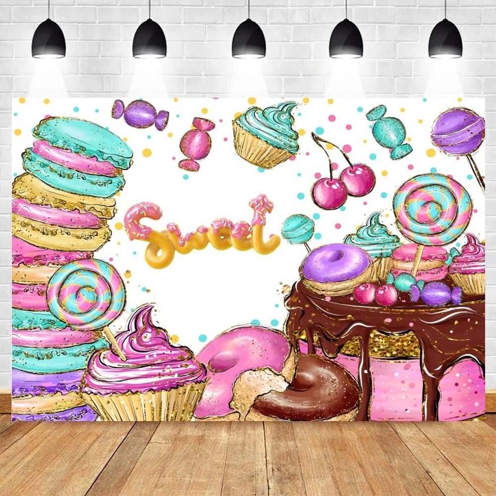 Newborn Baby First Birthday Backdrop Ice Cream Donuts Paper Cupcake Lollipop Sweet Cake Smash Baby Shower Party Photo Background