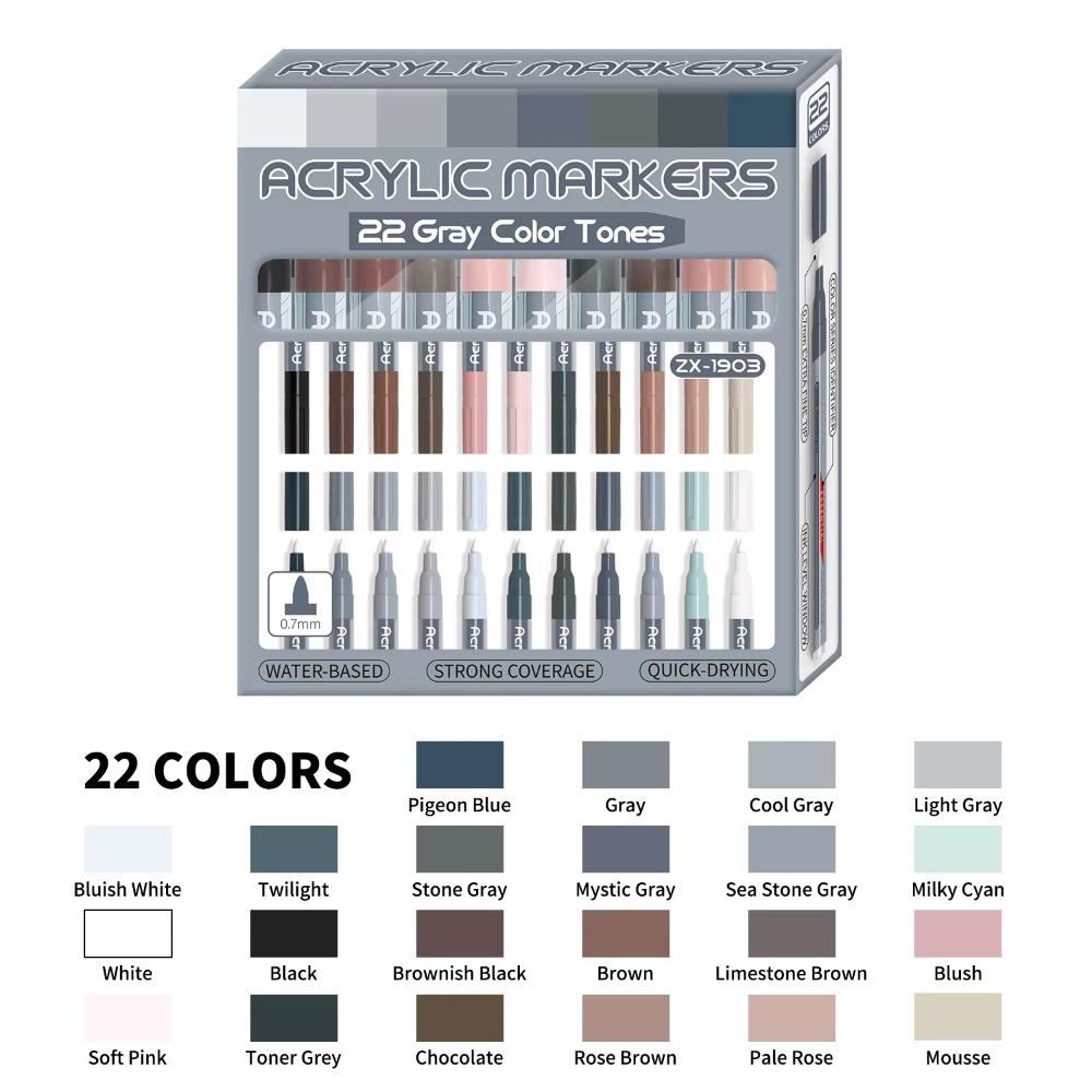 22 Цвета Акриловые Маркеры-Ручки Extra Fine Tip Серые/Телесные Тона Набор Маркеров Pro Color с Прозрачным Окном