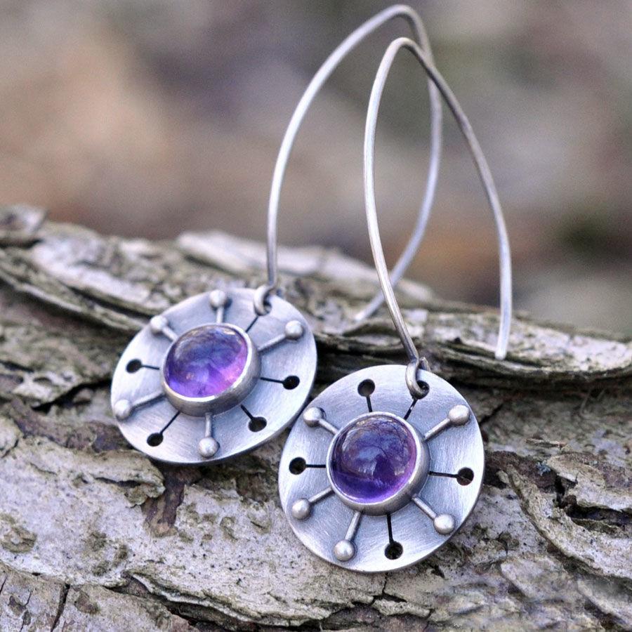 Simplicity Trendy Women Earrings Round Inlaid Purple Zircon Long Silver Color Metal Hollow Dangle Earrings Jewelry