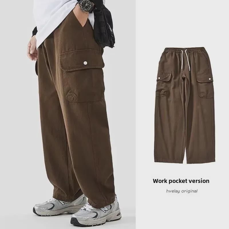 Однотонный мужской японский прямой комбинезон - модный гонконгский стиль, свободный крой, широкие повседневные брюки с карманами