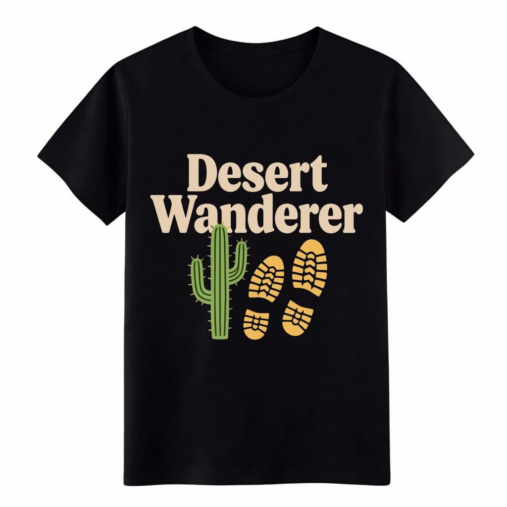 Desert Wanderer Black T-Shirt, Cactus Footprint Outdoor Adventure Tee