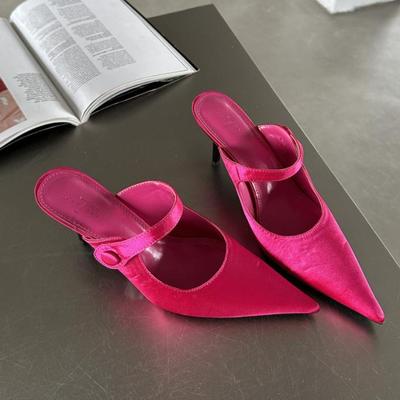 Модные атласные туфли-лодочки с пуговицей и острым носком, женские тапочки, модные туфли-мюли на тонком высоком каблуке, женская обувь, zapatos de mujer