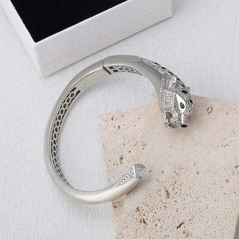 European and American Style Domineering Zircon-set Leopard Head Open Bracelet Jewelry