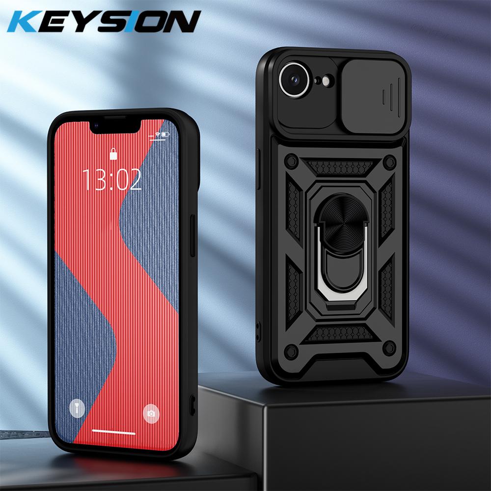 KEYSION Противоударный защитный чехол для iPhone 16e Slide Camera Lens Protection Metal Ring Stand Phone Back Cover для iPhone 16e 2025