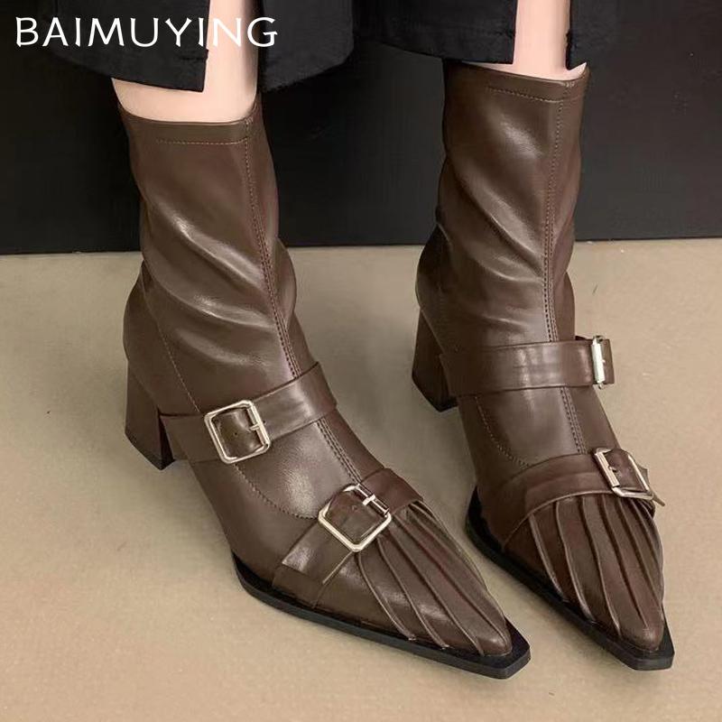 Women Ankle Boots Pointer Toe Mid Heels Shoes Fad Leather Sexy Botas Women 2024 Trend Winter Designer Pumps Goth Botas De Mujer