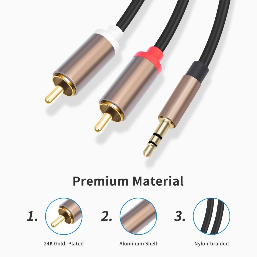 Gun Gray Aluminum Alloy Shell 3.5mm to 2RCA Audio Cable, Oxygen-Free Copper Stereo RCA Y Splitter Cord for Phone, Amplifier, Speaker, Car Audio