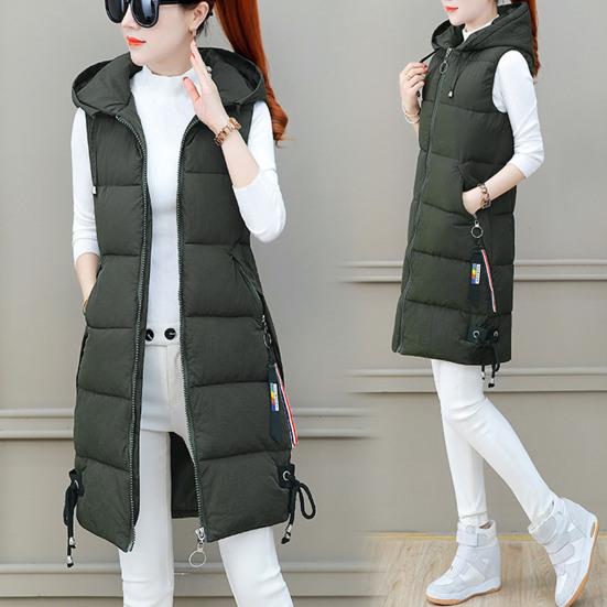 Осенне-зимний хлопковый жилет средней длины с утолщенной подкладкой без рукавов на молнии с застежкой-молнией на шнурке с капюшоном ветрозащитный женский жилет с сохранением тепла