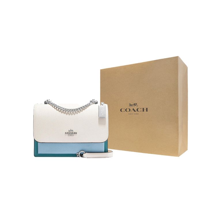 Coach Klare 22 Silver And Gold Letter Logo Plaque Flap Crosshatch Leather Envelope Shoulder Bag Medium Women shoulder bag White Blue CH796-SVCAH