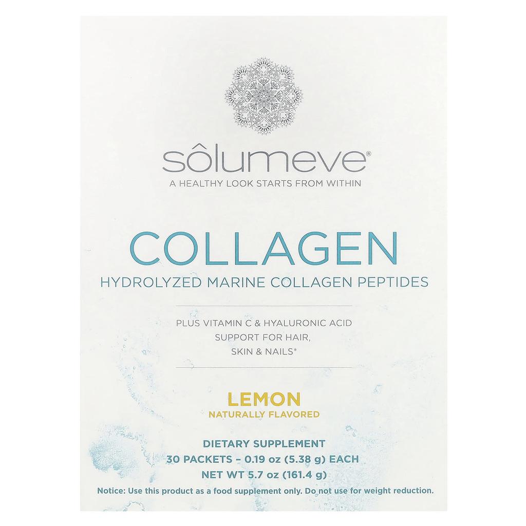 Solumeve Marine Collagen Peptides, with Vitamin C and Hyaluronic Acid, Lemon Flavor, 30 Packets, 5.38 G (0.19 Oz) Each