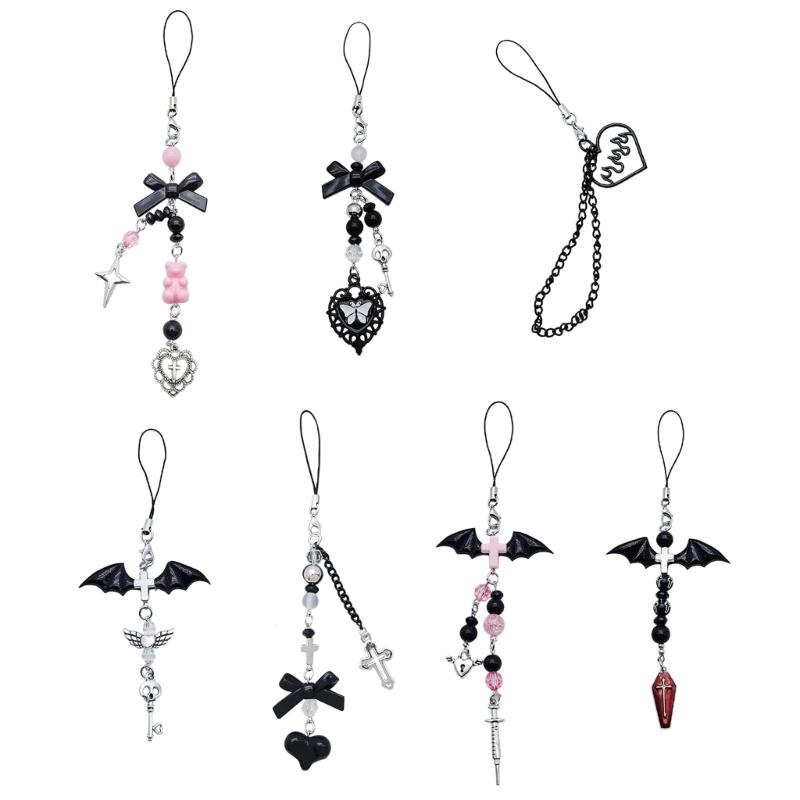 Bow-Love Keychain Crystal Y2k Beaded Phone Lanyard Strap Guitar Charm Cross-Pendant Phone Chain Anti-Lost for Women Girl