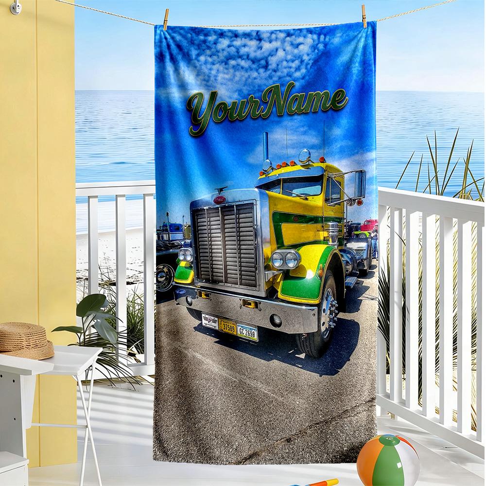 Peterbilt Heavy Trucks Personalized Text Beach Towel Soft Durable Quick-Dry Perfect for Traveling Yoga Camping and Swimming