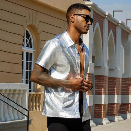 Летняя мужская рубашка с глянцевой поверхностью и отложным воротником, однобортная с короткими рукавами, свободный однотонный топ для вечеринки, ночного клуба, танцевальной уличной одежды