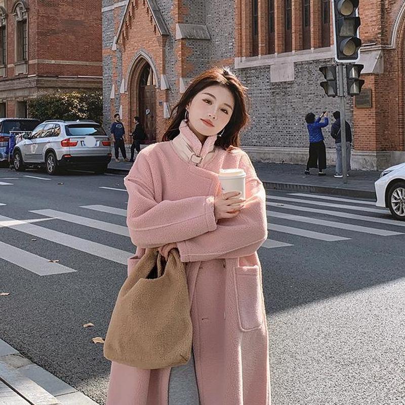 Women's Autumn And Winter Double-sided Imitation Lamb Wool Coat Medium Length Over Knee Loose Fitting Coat
