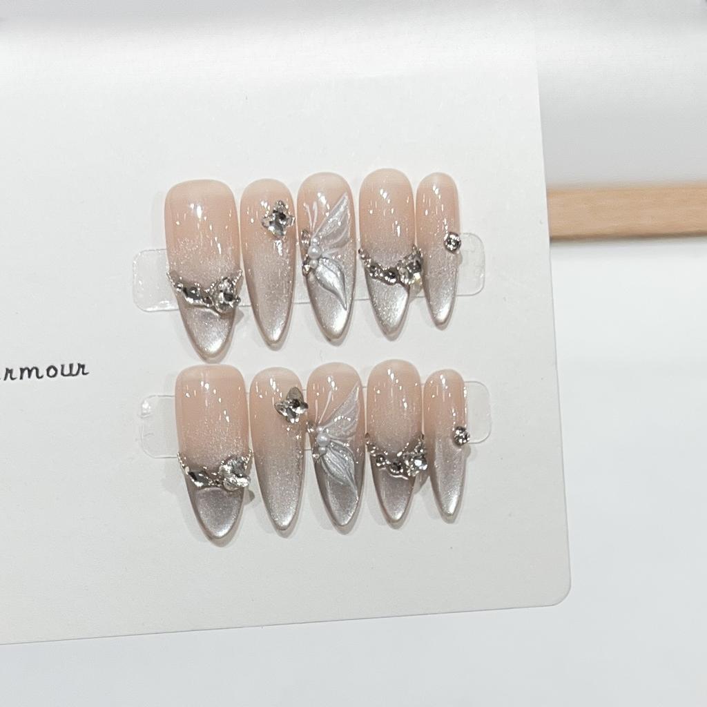 Wearing Armor Pure Handmade Flashing and Crushed Diamond Elf Butterfly Nail Art Patch Fake Nail High-quality Temperament Nail Clips