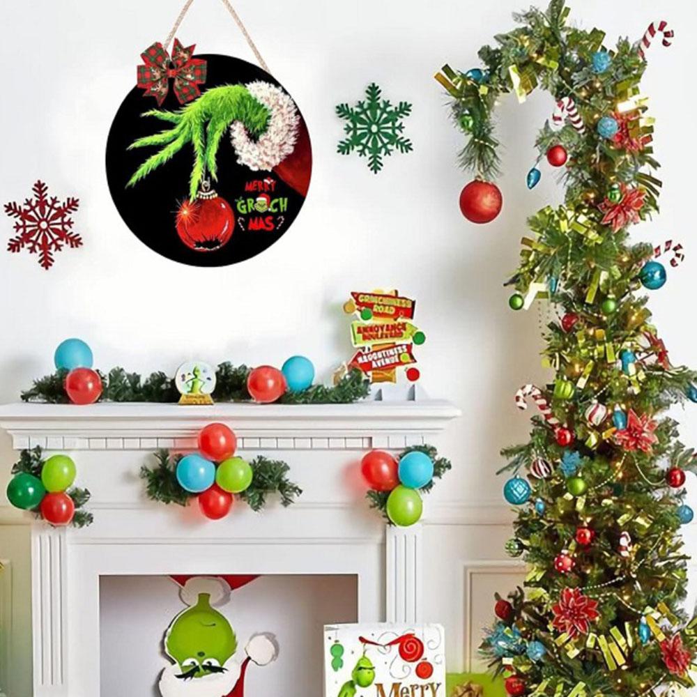 Christmas Decoration Grinch Wooden Door Wall Sign Hanger Wreath with Bow Indoor
