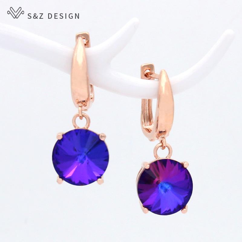 Colorful Round Large Crystal Drop Earrings For Women Wedding Jewelry Fashion Rose Gold Color Eardrop Gift
