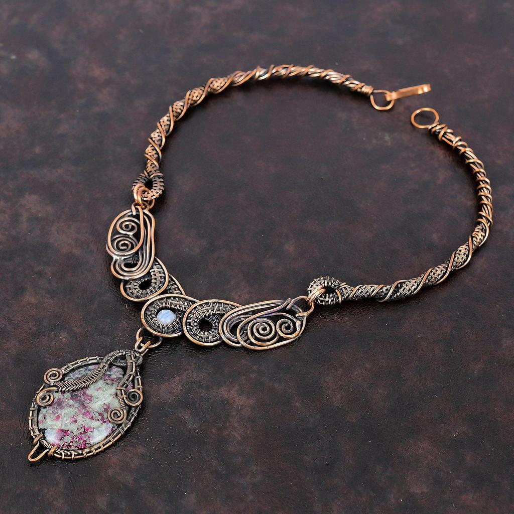 Эвдиалитовое ожерелье, ожерелье из медной проволоки, ювелирные изделия ручной работы из натуральных драгоценных камней, ожерелье из радужного лунного камня, медные ювелирные изделия, подарок для женщин