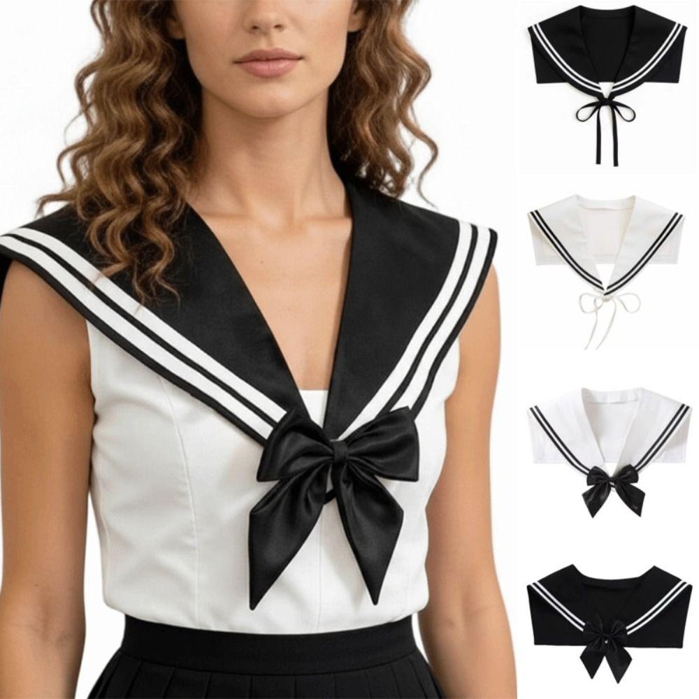 White Striped Sailor Fake Collar Cape Bow Tie Retro Blouse False Collars Clothes Decoration
