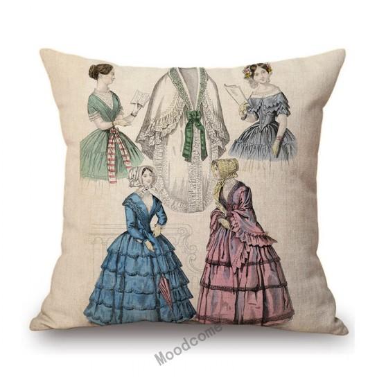 Antique Fashion Book Ettiquette Lady Dress European Costume Elegant Wear Cotton Linen Sofa Throw Pillow Case Chair Cushion Cover
