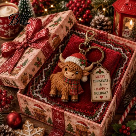 Christmas Theme Keychain Santa Claus Keychain, Cartoon Snowman Reindeer Elf Highland Cow Character Keyring, Xmas Pendant for Party Favors Gingerbread