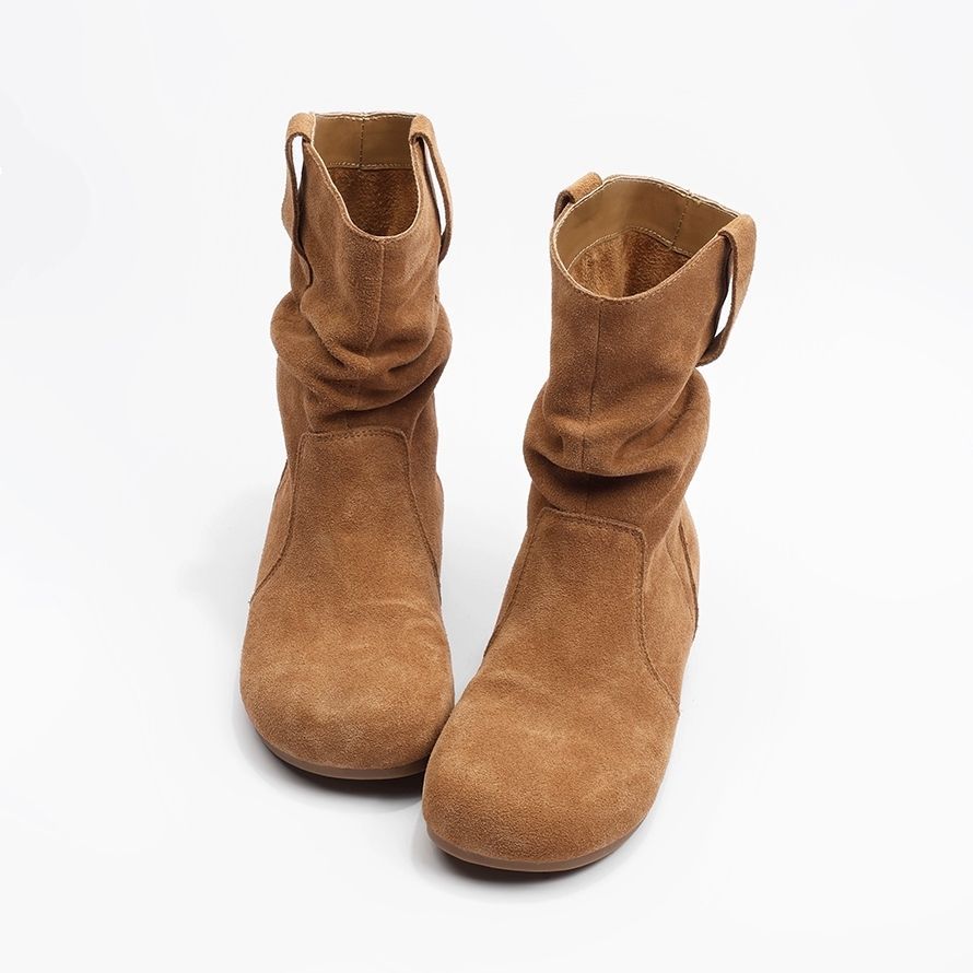 Нежные волшебные ветреные универсальные сапоги с круглым носком и плиссировкой, новинка 2024 года, винтажные сапоги с коричневыми рукавами Майяра