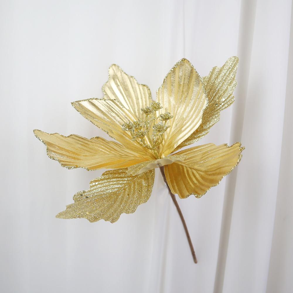 Simulated Christmas Tree Flowers Glossy Fabric Rose Gold Flower Picks Decoration Bright Color Artificial Flowers Wreath