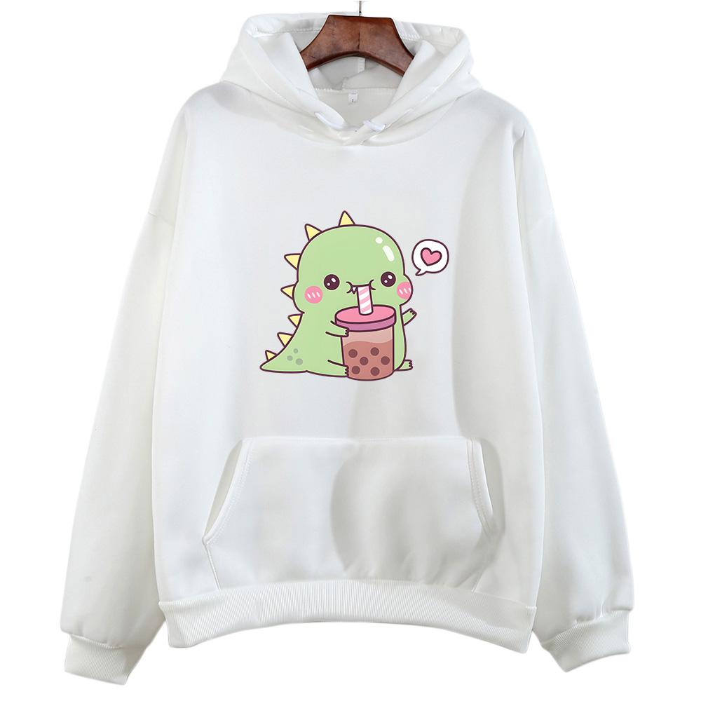 Kawaii/милый Boba Tea Dinosaur Hoodies Women/Men Casual Hoody Winter Fleece Clothing Long Sleeve Korean Esthetic Pullover