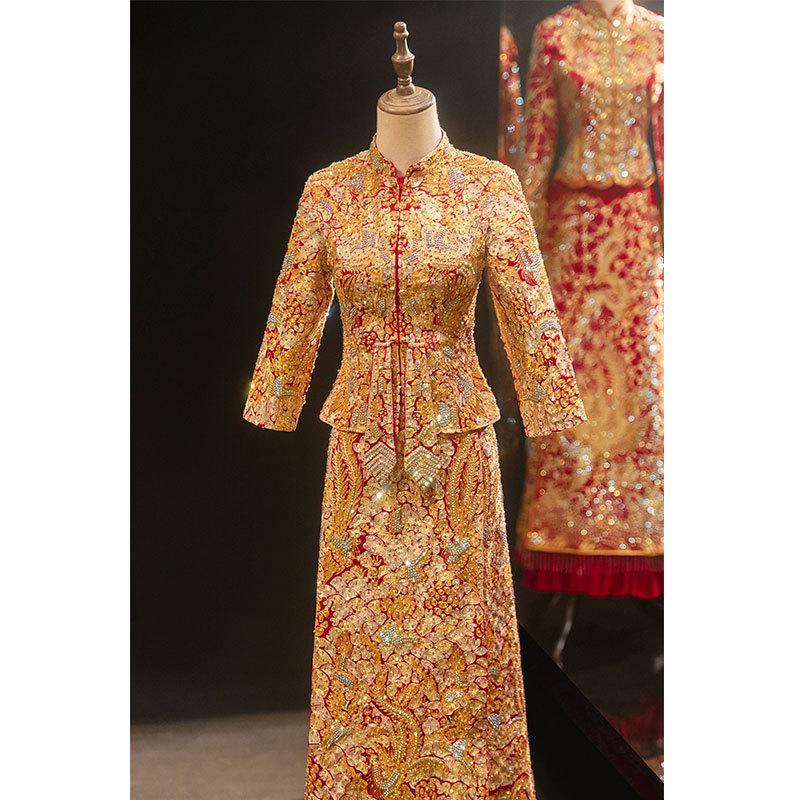 2022 Xiuhe Gold Chinese Wedding Dress: Elegant Slim Dragon and Phoenix Gown for Brides