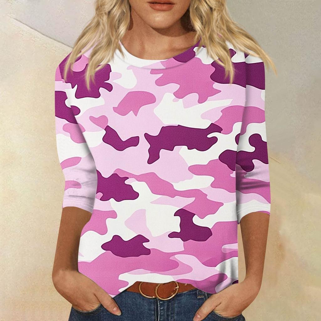 Женская модная повседневная свободная футболка с круглым вырезом и рукавами 3/4 с принтом, женский топ
