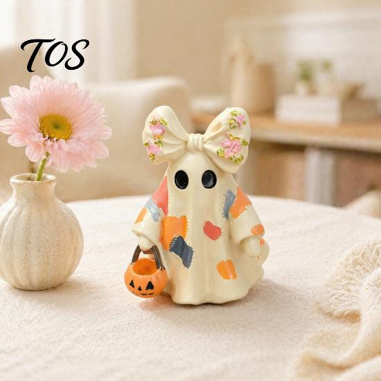 Retro Style Fall Home Decor Halloween Bow Ghost Figurine Tabletop Ornament, Cute Resin Statue with Hand Painted Crafts Pumpkin Basket, Patchwork