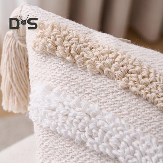 Boho Throw Pillow with Braided Rope Pattern And Tassels Soft Cotton Linen Textured Cushion for Sofa Bed Office