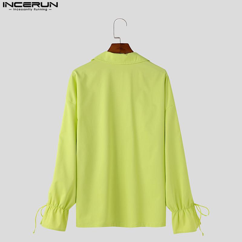 INCERUN Men V Neck Long Drawstring Sleeve Solid Color Casual Shirts Tops
