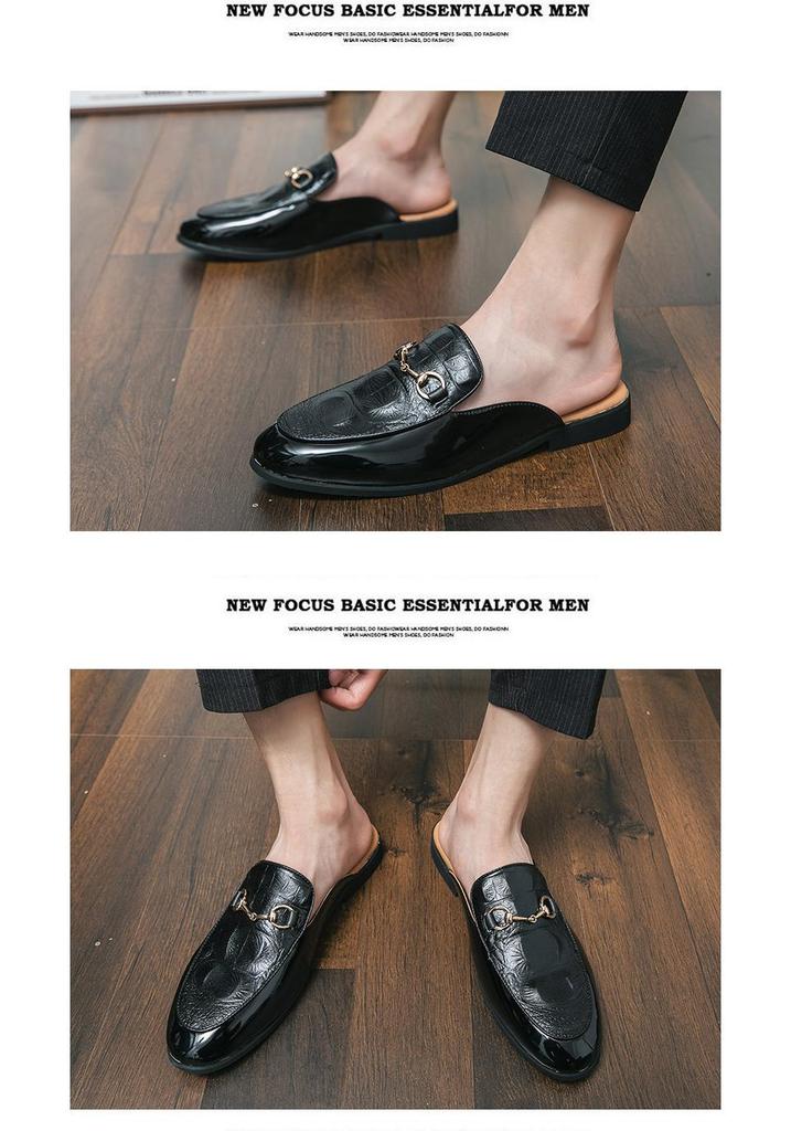 Мужские летние шлепанцы большого размера с узором под крокодила, кожаные, без задника, модный закрытый дизайн