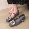 Fashion Flat Retro Square Toe Mary Jane Shoes Women's Outside Wear 2025 Spring New Rhinestone Square Button Single Shoes