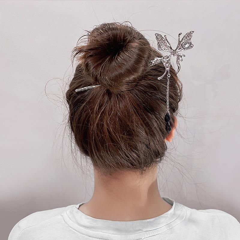 Национальный стиль Новая китайская заколка для волос Жидкий металл Бабочка Заколка Полумесяц Набор Бриллианты Винтаж Бамбуковые сочленения Кисточка Заколка для волос Прическа Заколка