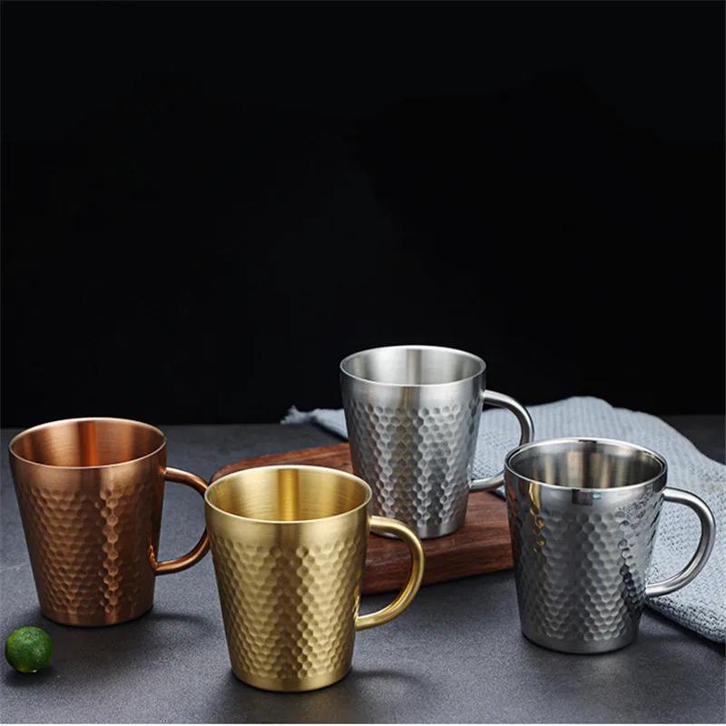 300ml Double-Layer Water Cup 304 Stainless Steel Thermal Coffee Beer Mug with Handle Gold Sliver Heat Insulation Coffee Cup