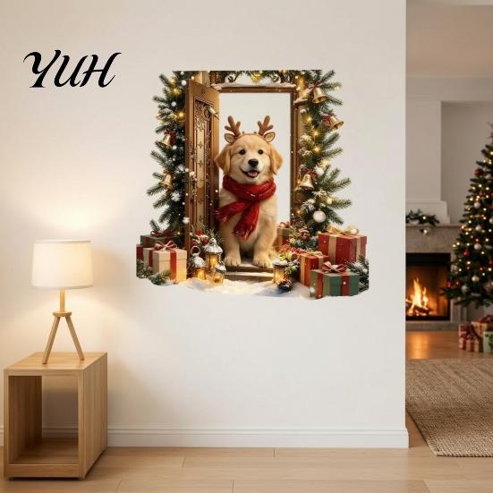 Peel Stick Christmas Decorations 2Pcs 3D Illusion Dog Wall Sticker, Removable Self?Adhesive Decals for Home Decor Decal, Holiday Puppy Mural Living