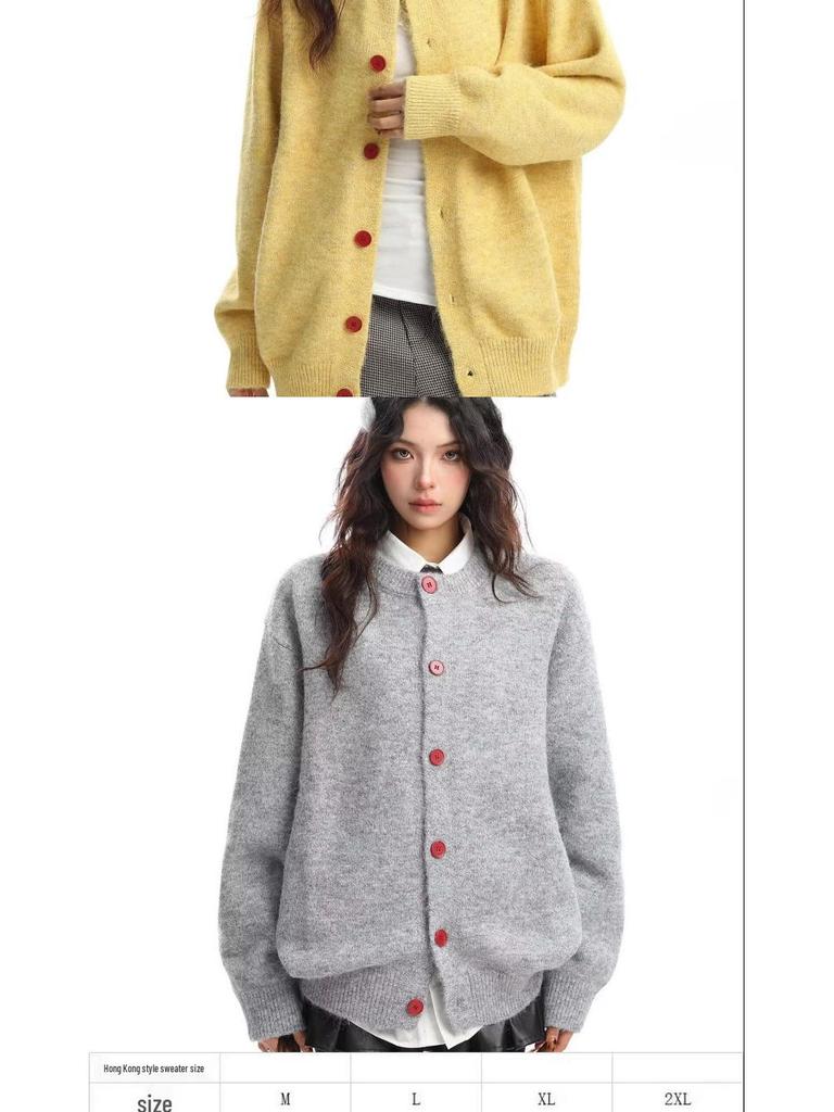 Женский мягкий вязаный кардиган Осень 2025 – Однотонный, с круглым вырезом, на деревянных пуговицах, свободного кроя, универсальный, пушистый кардиган-свитер