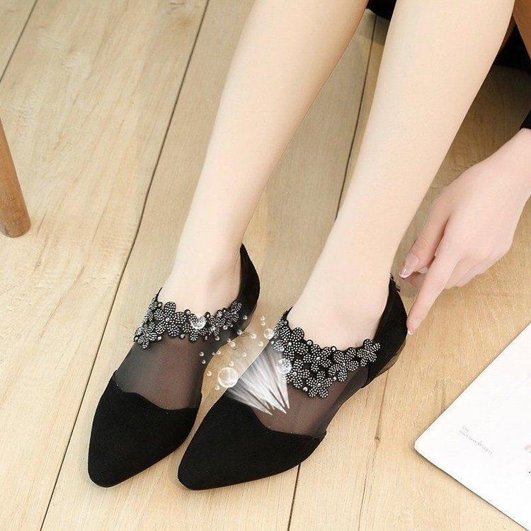 Spring New Fashion Net Boots Four Seasons Thick Heel Pointed Mesh Bright Diamond Flower Sticker Versatile Women's Shoes Cool Boots Tide