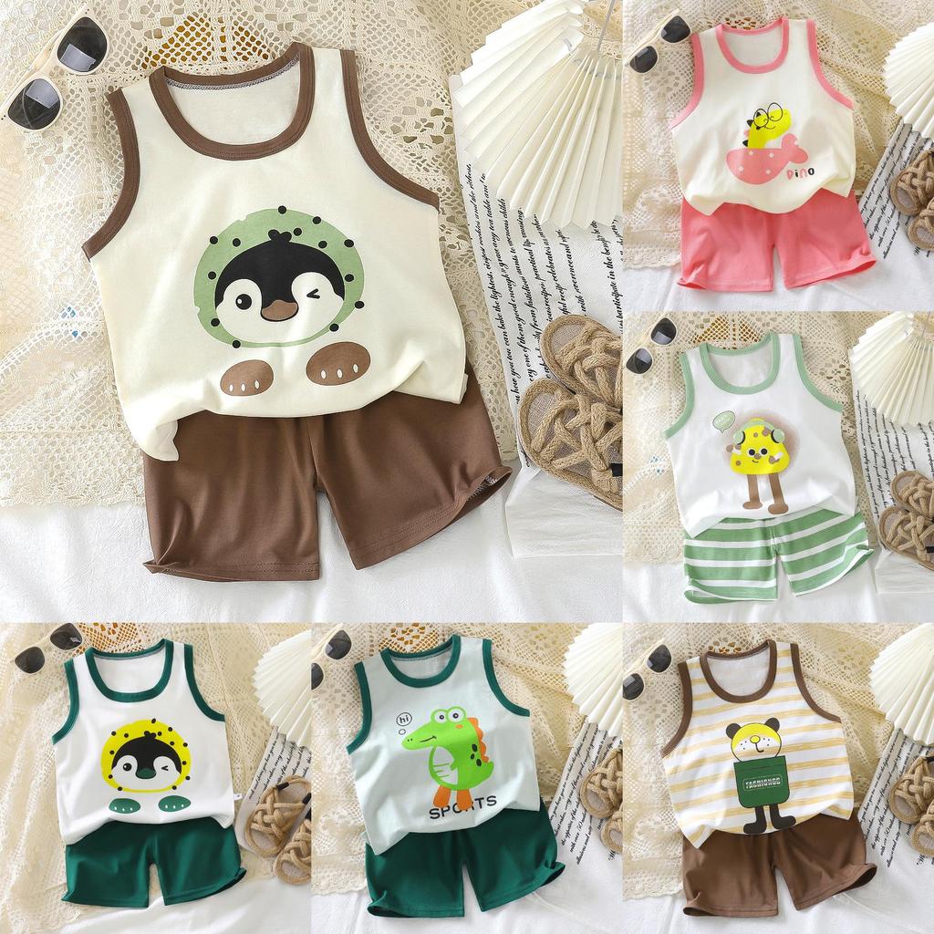 Baby Summer Cotton Sleeveless Shorts Set With Cartoon Prints For Toddler Boys And Girls
