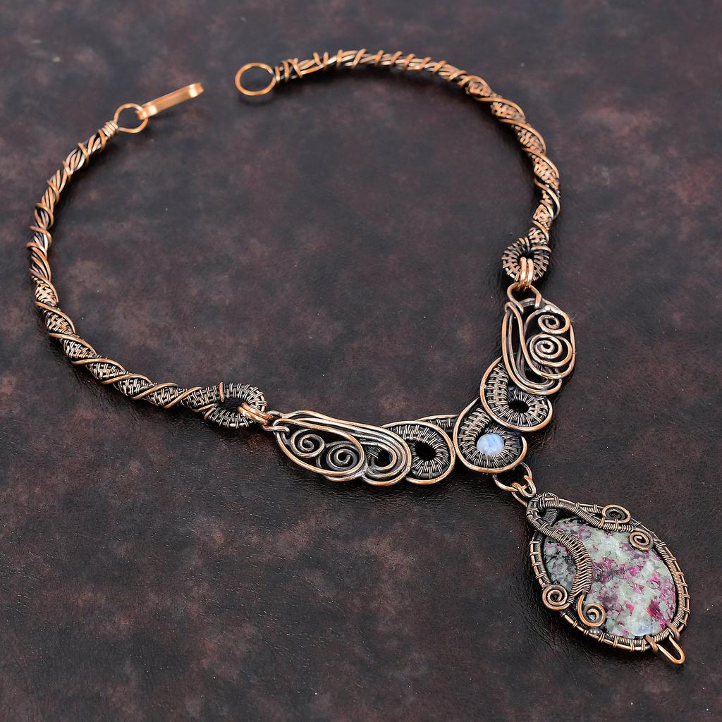 Эвдиалитовое ожерелье, ожерелье из медной проволоки, ювелирные изделия ручной работы из натуральных драгоценных камней, ожерелье из радужного лунного камня, медные ювелирные изделия, подарок для женщин