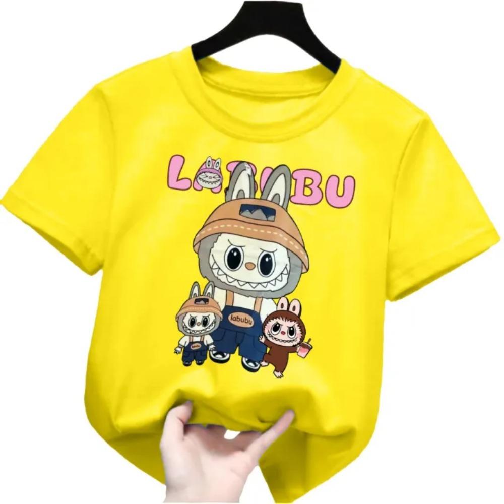 Новая детская футболка Labubu Шахтер LABUBU Уродливый и милый узор Для девочки Круглый вырез Короткий рукав Повседневная Универсальная одежда