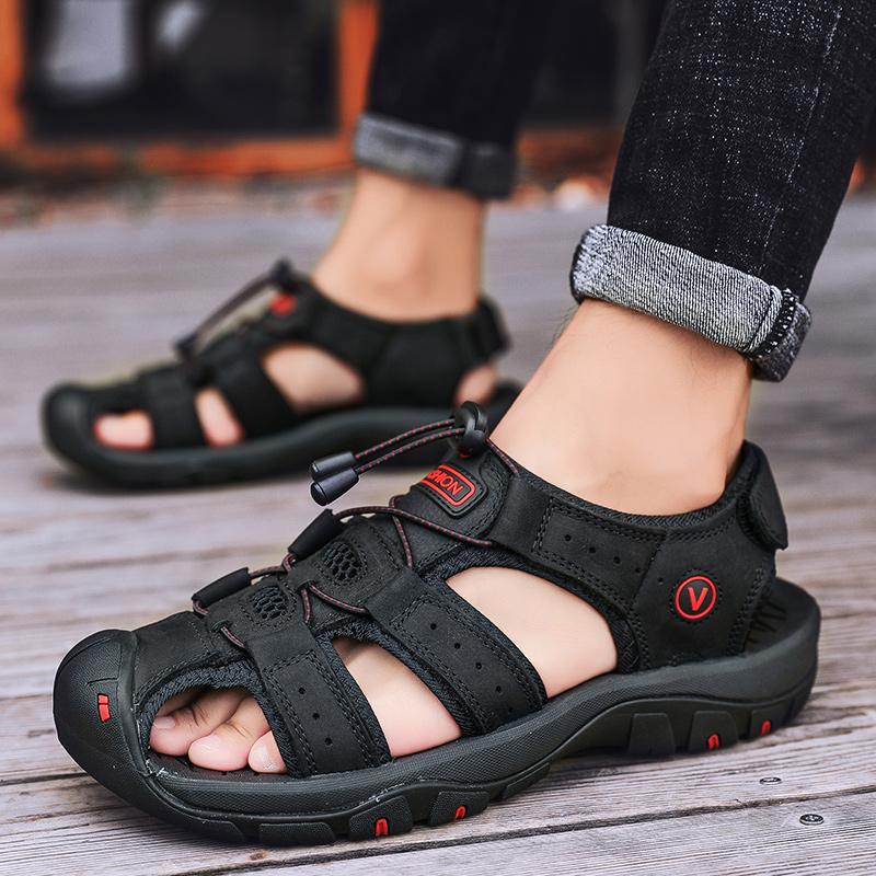Leather Clog Sandals for Men Summer Outdoor Beach Shoes Casual Hiking Mens Sandals Genuine Leather Gladiator Flat Slippers