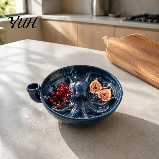 Retro Style Fruit Bowl Octopus Shaped Berry Washing with Drainage Slots, Ceramic Rinse Strainer, Decorative Vegetable Colander for Berries And Fruits