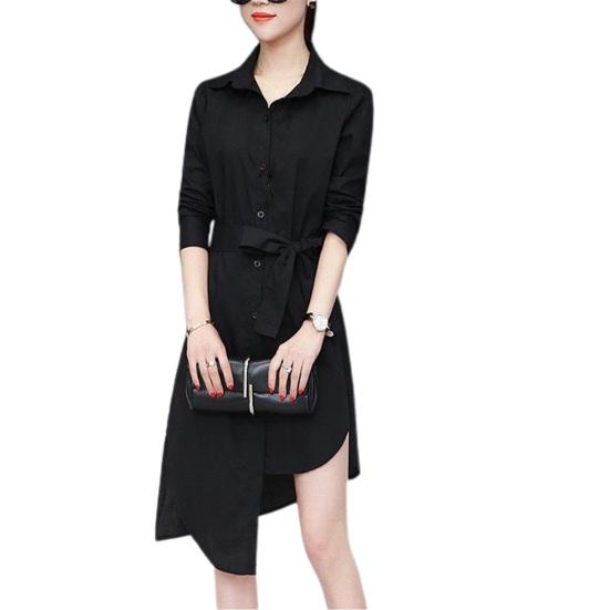 Women Shirt Long Sleeve All Match Loose Commute Mild-length Dressing Up Polyester Irregular Tied Belts Lady Shirt Female Clothing