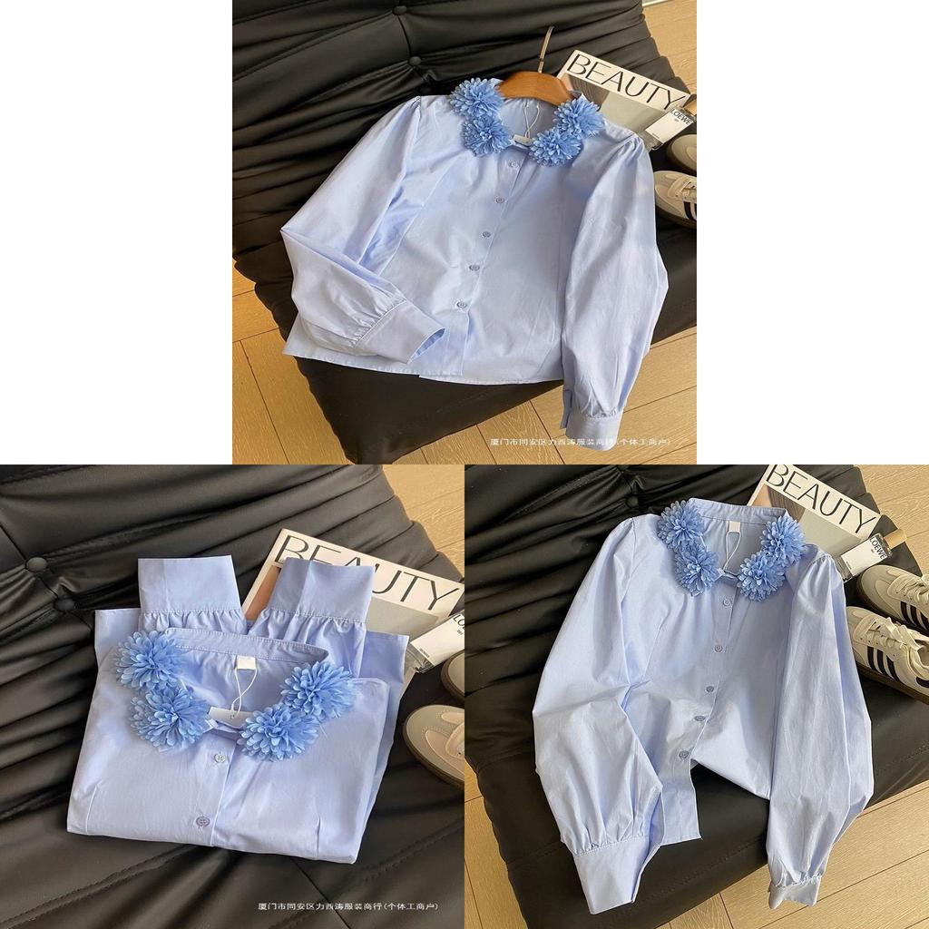 Spring French Sweet Ladies Blouse With 3d Floral Embroidery And Bubble Sleeves For Casual Wear